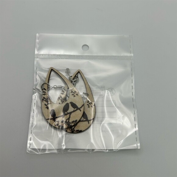 Large Teardrop Beige Dangle Earrings Black Birds on Branch Nature Leaves - Picture 6 of 7